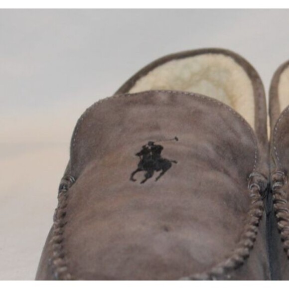 NIB Polo Ralph Lauren Men\'s Suede Moccasin Slippers GRAY SZ XL 12-13